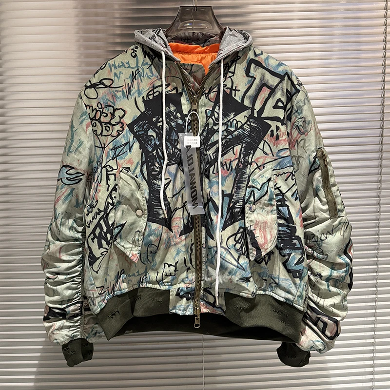 

2026 Mowalola Zipper Jacket Men's Painting Graffiti Hood Fleece Jacket No.6 Bomber Jackets Coat Real Photo