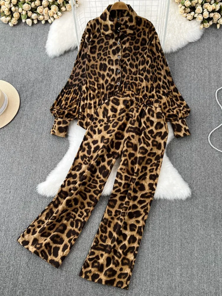 Fashion Leopard Print 2 Pieces Pants Set Women Loose Long Sleeve Shirts Wide Leg Pants Outfits Autumn Female Vintage Streetwear image 6