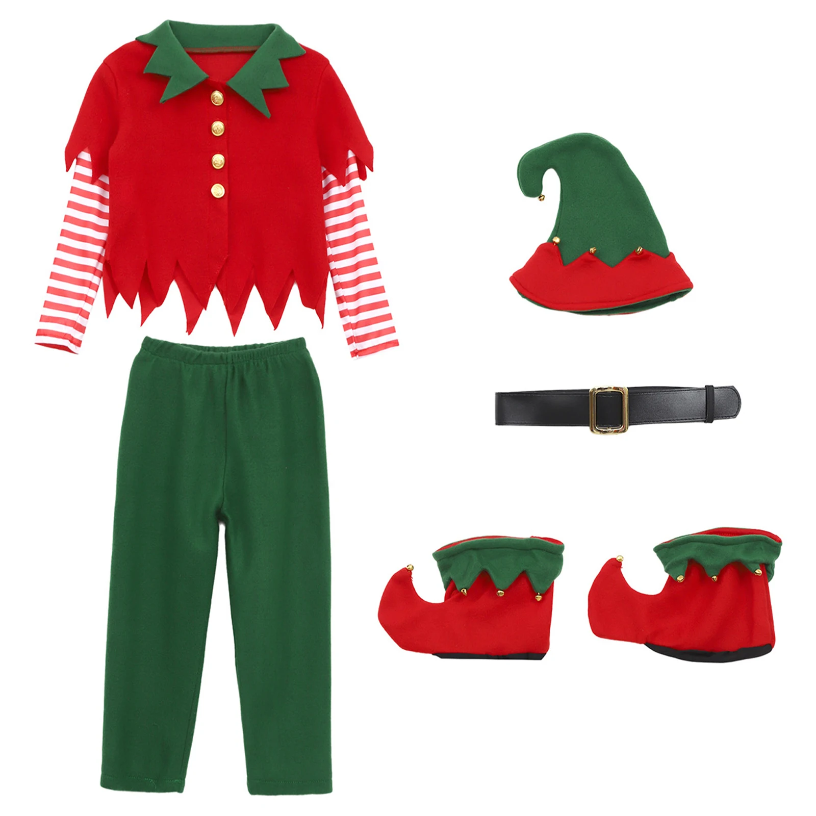 

Boys Christmas Helper Cosplay Costume Santa Elf Fancy Dress Set Long Sleeve Jagged Trim Top and Pants with Hat and Shoes Covers