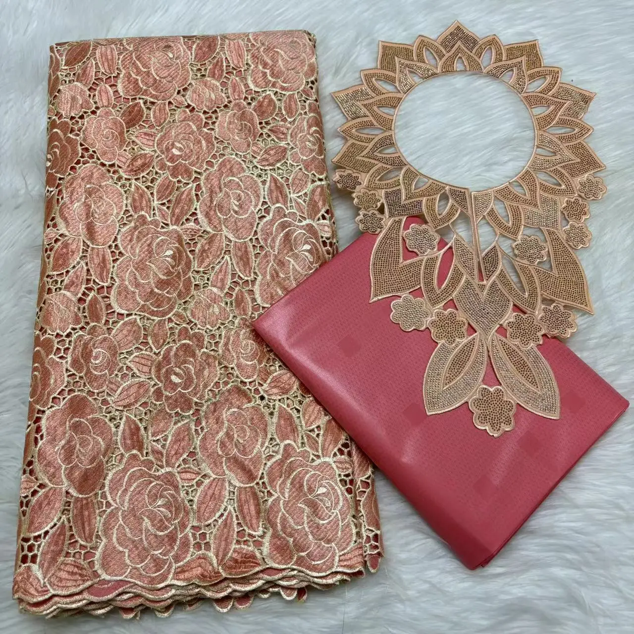 

Gold 2.5yards Bazin Riche Fabric with 2.5yards Cotton Lace Embroidery Fabrics and Collar African Materials For Sewing M5-509-1