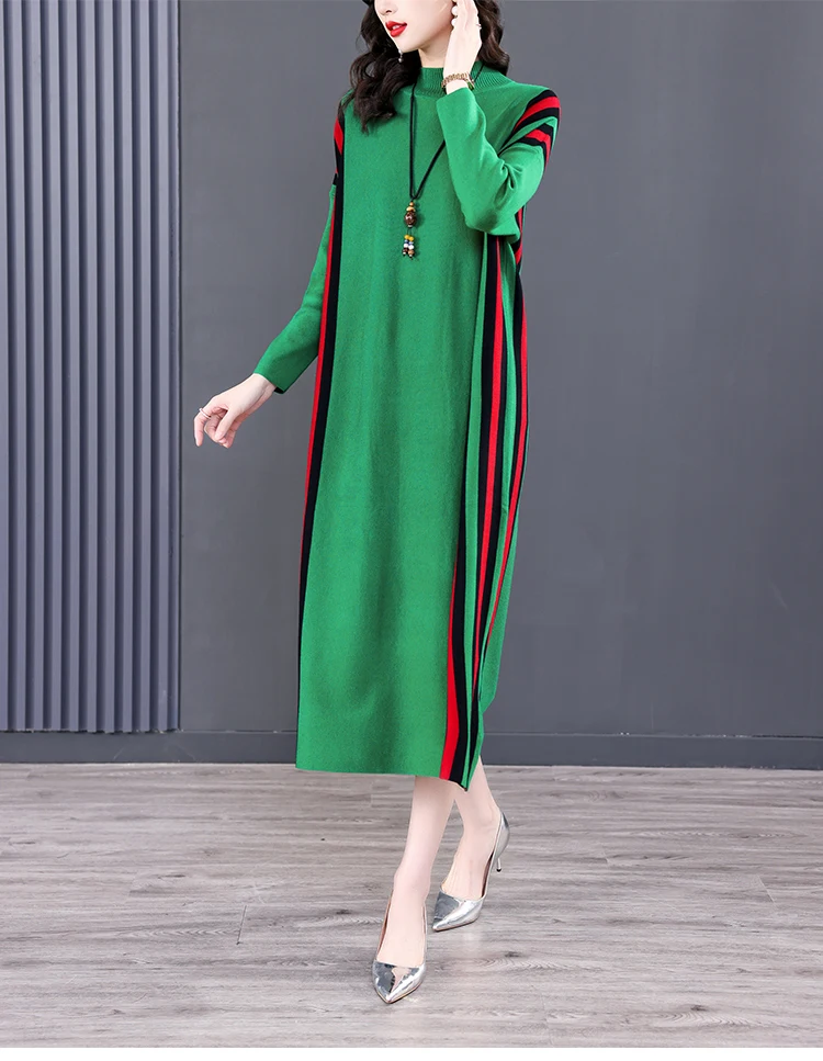 Winter Green Casual Knitted Sweater&Jumpers Autumn Elegant Vintage O-Neck Pullovers Women Bodycon Wool Sweater Midi Dresses