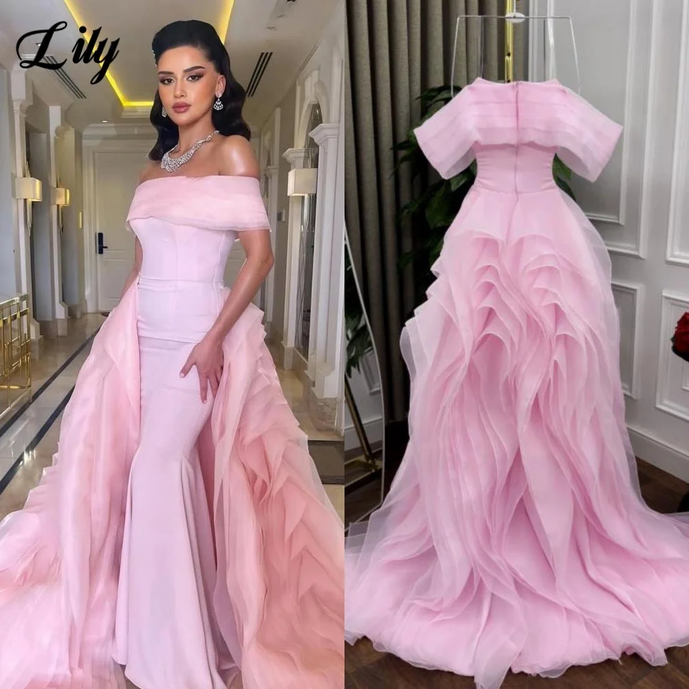 

Lily Pink Party Dress Off the Shoulder Trumpet Tiered Tulle Evening Dresses with Pleats and Ruffled Simple Prom Gown Customized