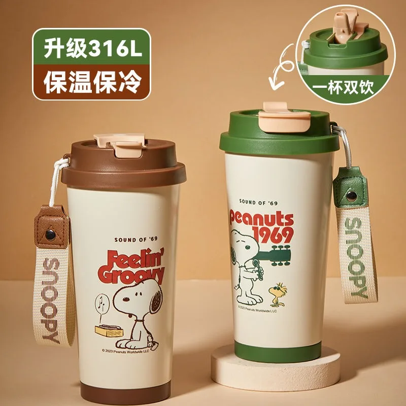 Kawaii Snoopy coffee cup thermos cup cute cartoon animation 316L stainless steel new large capacity portable straw cup wholesale