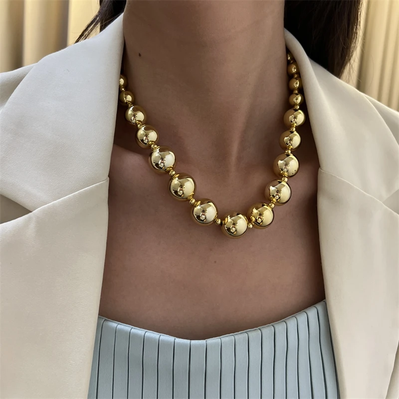 CCB Material+Stainless Steel Waterproof Thick 18K Gold Plated Gradient Sized Sphere Charm Chain Choker Necklaces For Bold Women