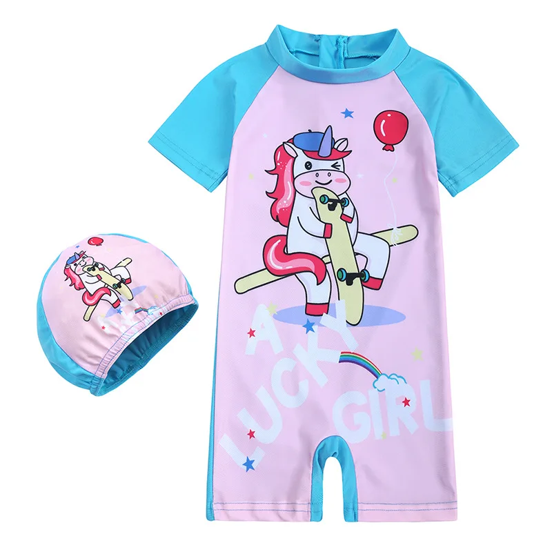 2pcs/set Girls 1-8Y One Piece Swim Suit for Baby Infant Toddler Swim Surf Wear Children Kids Rainbow Unicorn Print With Cap