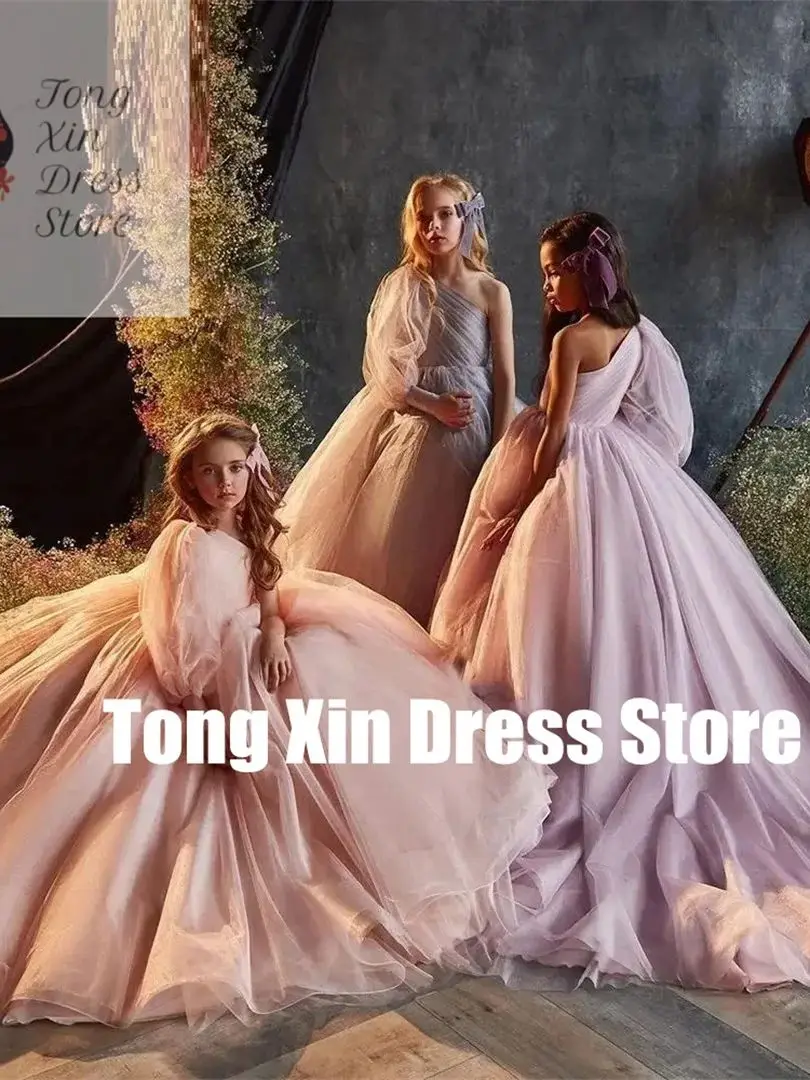 ชุดเดรสเด็กผู้หญิงสำหรับงานแต่งงาน ผ้าทูลล์ ไหล่เดียว แต่งดอกไม้ตามสั่ง ยาวกรอมพื้น สง่างาม เหมาะสำหรับงานวันเกิดเด็ก งานรับศีลมหาสนิทครั้งแรก