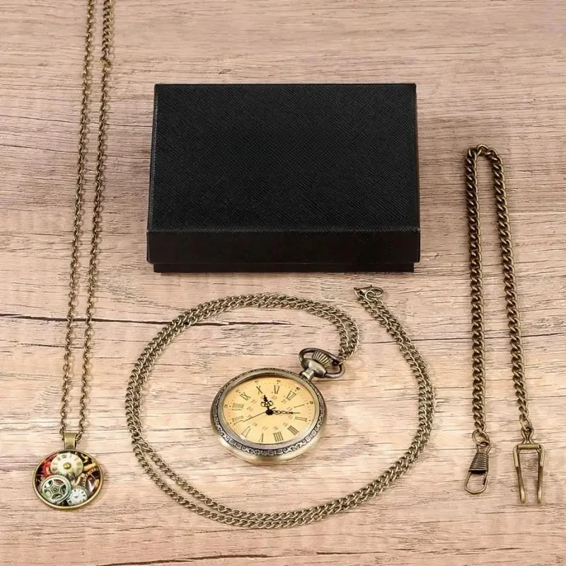 4pcs/set Fashion No Cover Design Chain Quartz Pocket Watch Necklace Gear Punk Jewelry Pendant Chain Watch Clock Gifts Sets Box