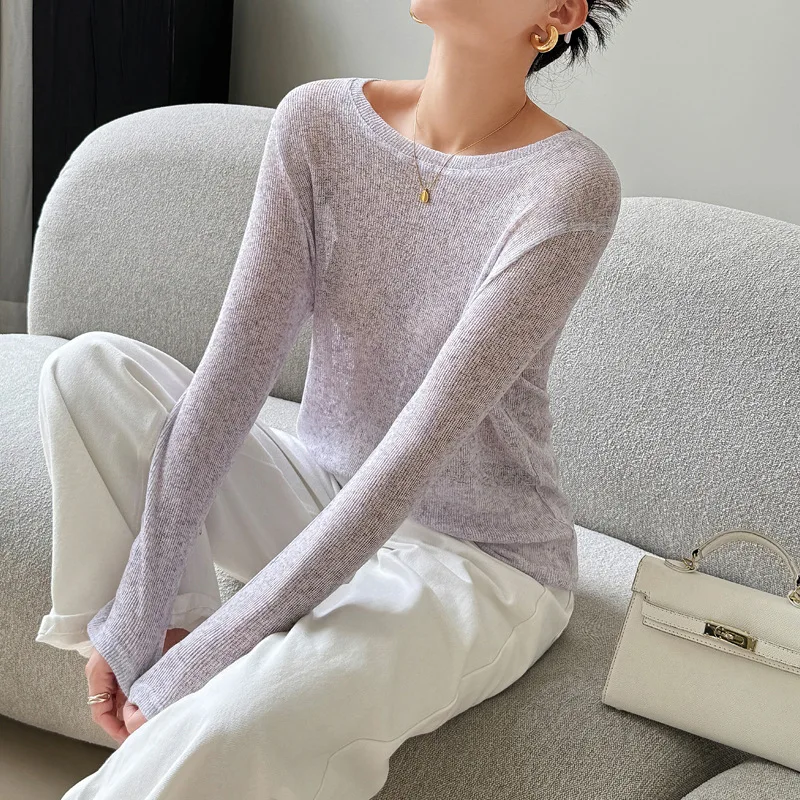 Spring Mesh Lazy Outer Wear Loose O-Neck T-shirt Women Long Sleeved Thin Summer Knit Pullover Casual Comfortable Sunscreen Shirt