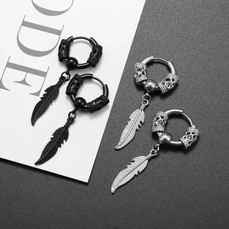 Men's Dangle Earrings Stainless Steel Huggie Hinge Hoop Earrings Kpop Men's Earrings Long Chain Stud Feather Dangle Earrings