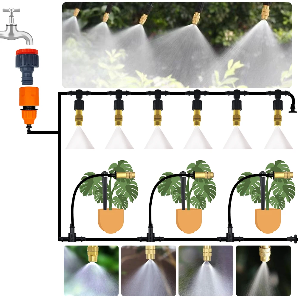 5M to 30M Garden Brass Misting Nozzle Kit with 1/4 Inch 4/7mm Hose for Outdoor Cooling and Irrigation System in Greenhouse Plant