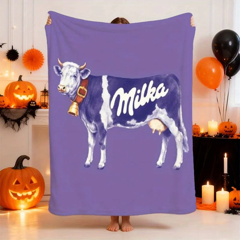 1pc Milka Chocolate Brand Iconic Black and White Cow Illustration Blanket, Flannel Pattern Blanket, Simple Spread and Hang, Dura