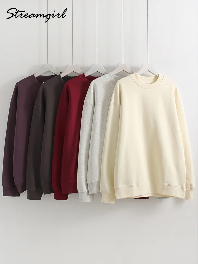 Streamgirl Purple Sweatshirts Women Oversize Cotton Outerwear Couple Tops Loose O Neck Burgundy Sweatshirt Women Joggers
