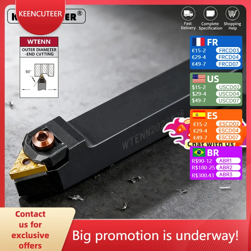 

WTENN1616 WTENN2020 WTENN2525 WTENN3232 External Turning Tool WTENN Lathe Bar Turning Holder CNC Cutting Tool Cutter Bar