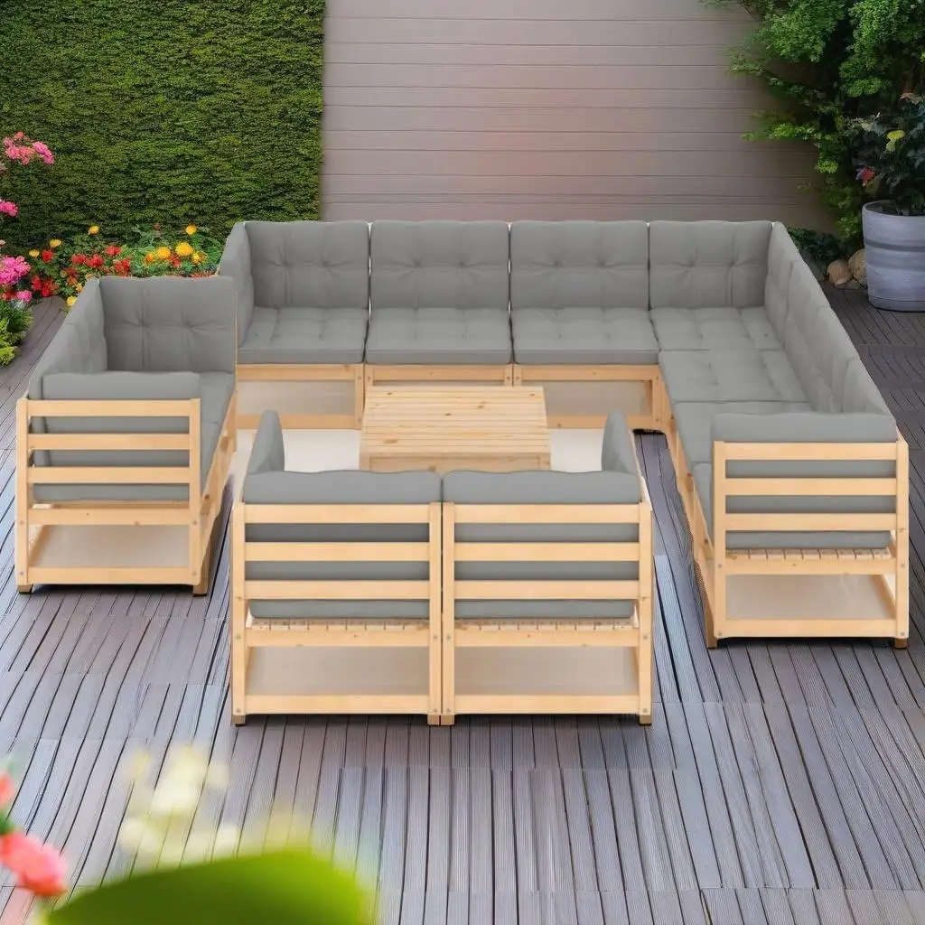 

12-Piece Patio Lounge Set with Cushions - Premium Solid Pine Wood Furniture