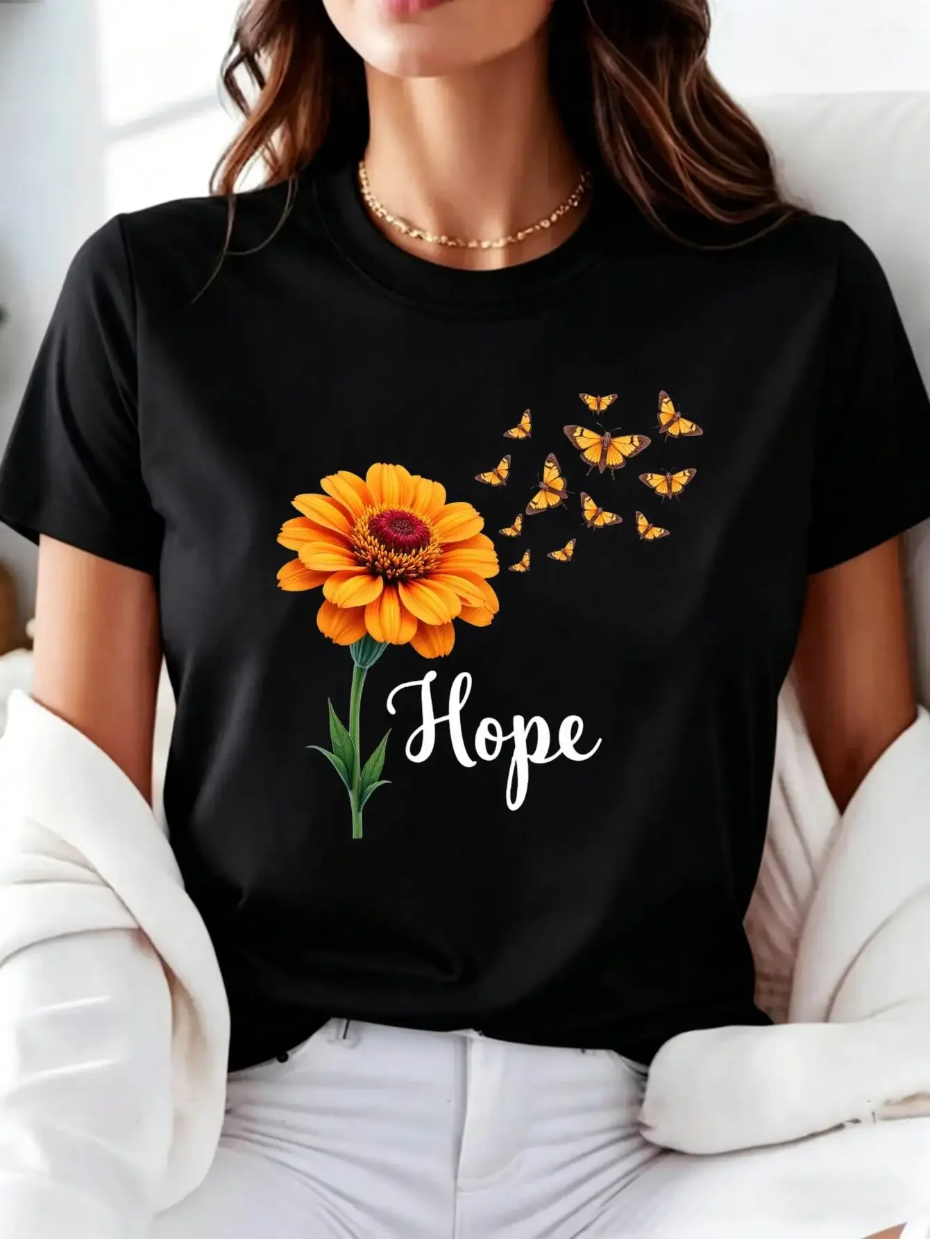 Floral Butterfly Hope Design Women's T-Shirt Printed Round Neck    Loose Short Sleeve Crewneck Suitable Tops Tee Female Tshirt