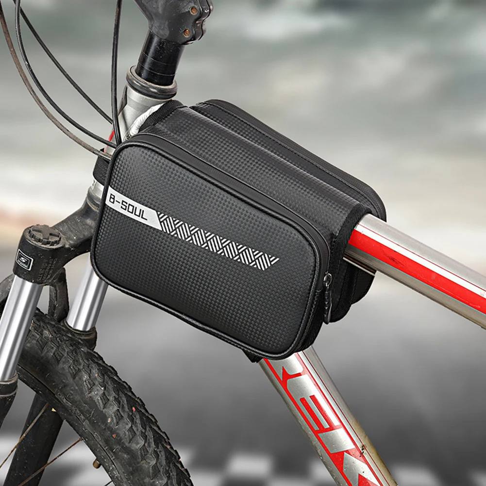 B-SOUL Mountain Bike Top Tube Bag Reflective Pattern Bicycle Front Frame Bag Carrier Pack Large Capacity Bike Pouch Phone Case