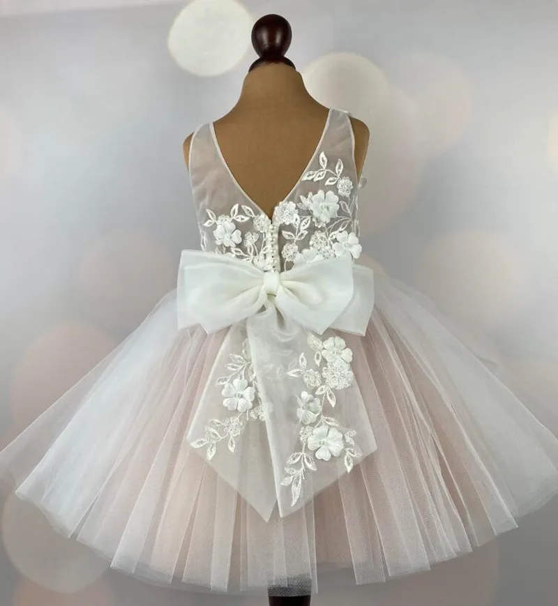 Schattige Baby Kant Bloemen Big Strik Prinsessenjurk Baby 1e Verjaardagsfeestje Baljurk Kid Beige Baptism Tutu Kostuum