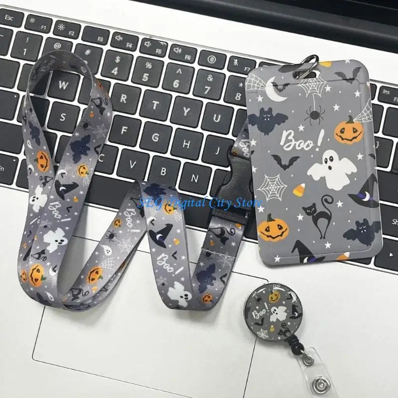 U75B حامل بطاقة الهالوين الرقبة الحبل المعلم الحبل القرع الرقبة حزام قابل للسحب شارة حامل للطلاب البالغين #5