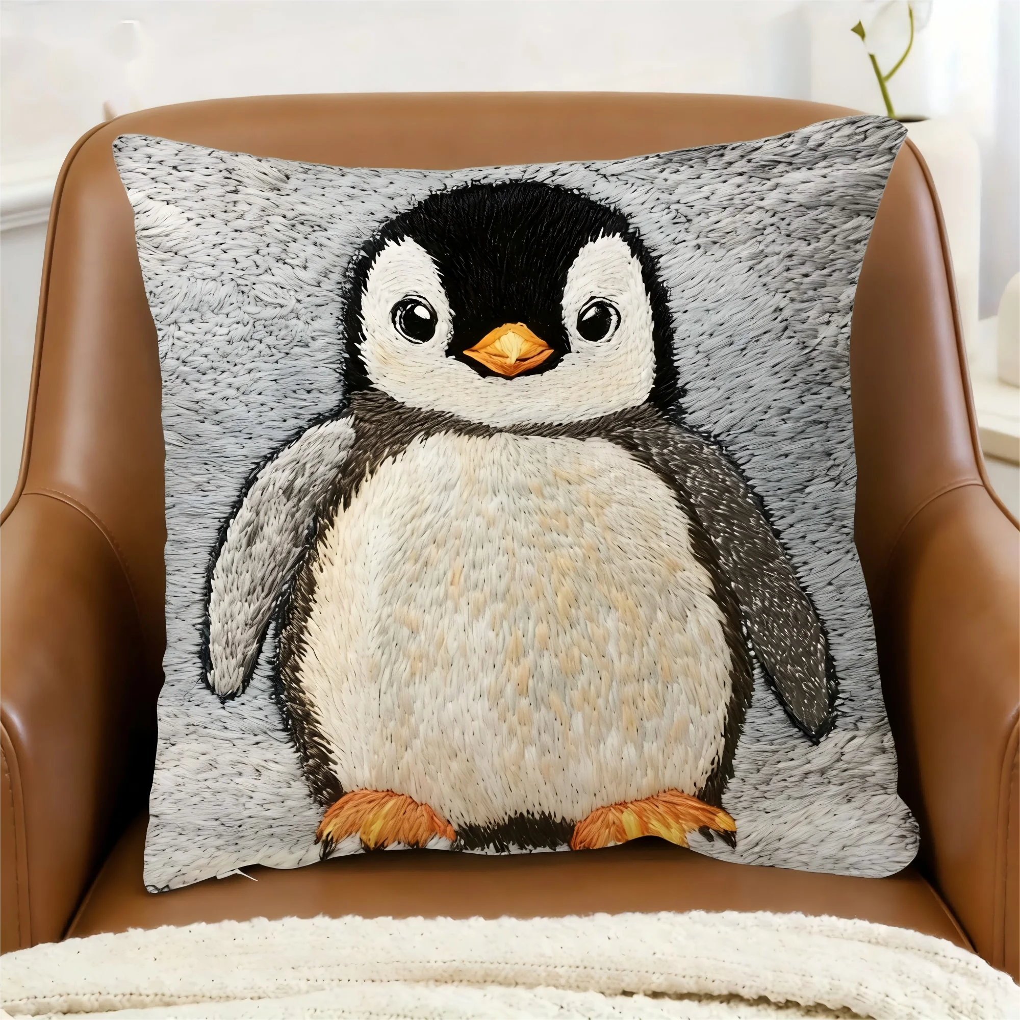 Cute Baby Penguin Pillow Cover 2D Faux Print Adorable Arctic Animal Cushion Case for Sofa Bed Couch Cozy Kids Nursery Home