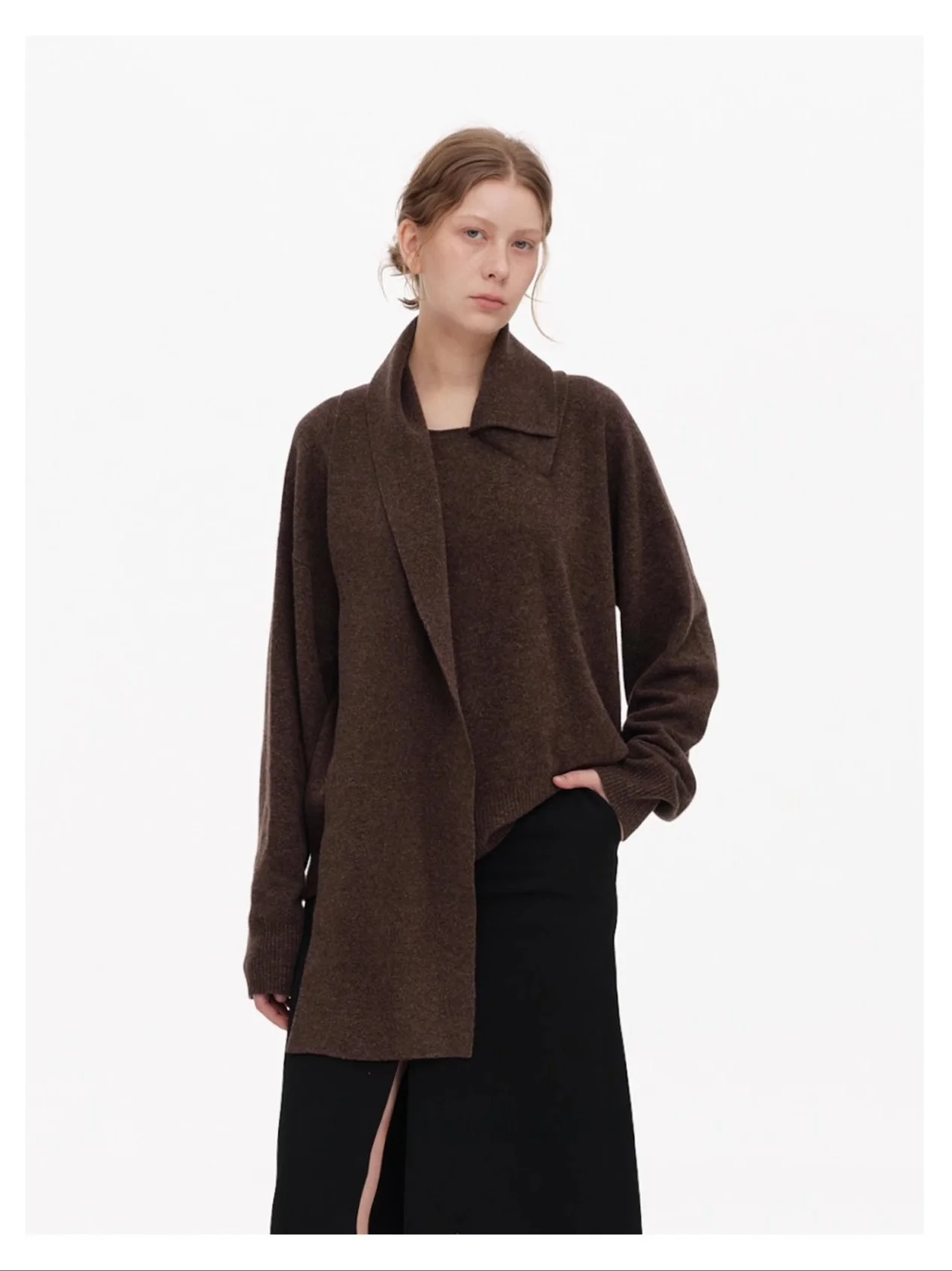 

Deep Brown Loose Fit Sweater with Scarf Ne Design Casual Sle Long Sve Knitted Woolen Women's Winter Faion Top