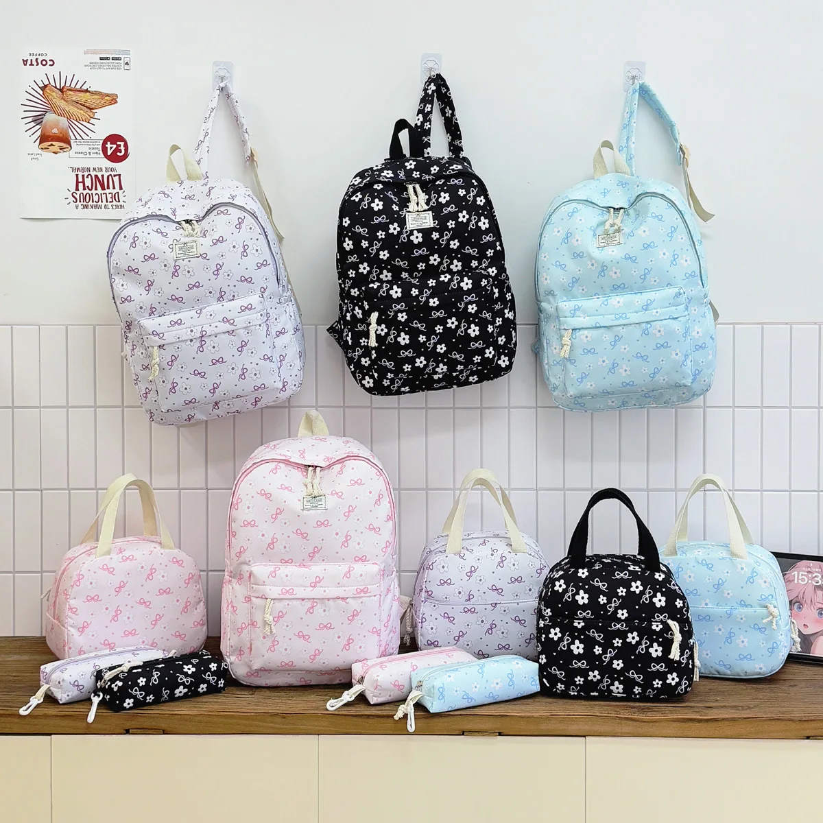 Fresh Lovely Floral Bow Teen Girls Daypack Set, Multi-purpose Large Capacity 3-Piece Backpack for Campus Outdoor Travel