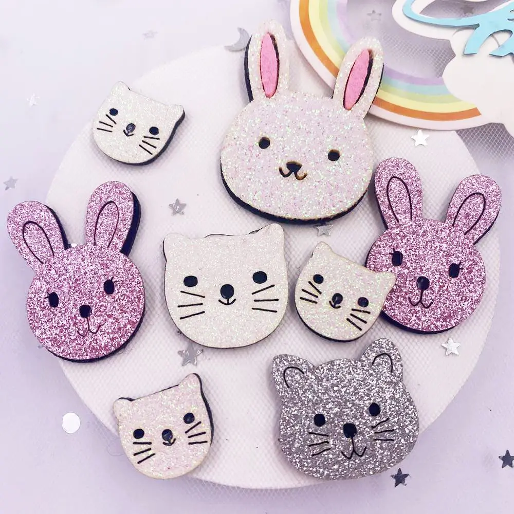 10pcs Felt Fabric Colorful Glitter Bepowder Cartoon Pink Rabbit Silver White Cat Patch Applique Sewing DIY Art Hair Bow Supplie