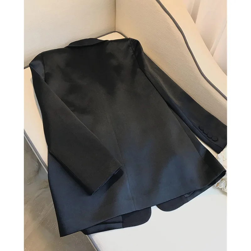 Acetate Shawl Collar Suits Women Office Business Tops Jacket For Spring Summer High-end Black White Medium Long Satin Blazers
