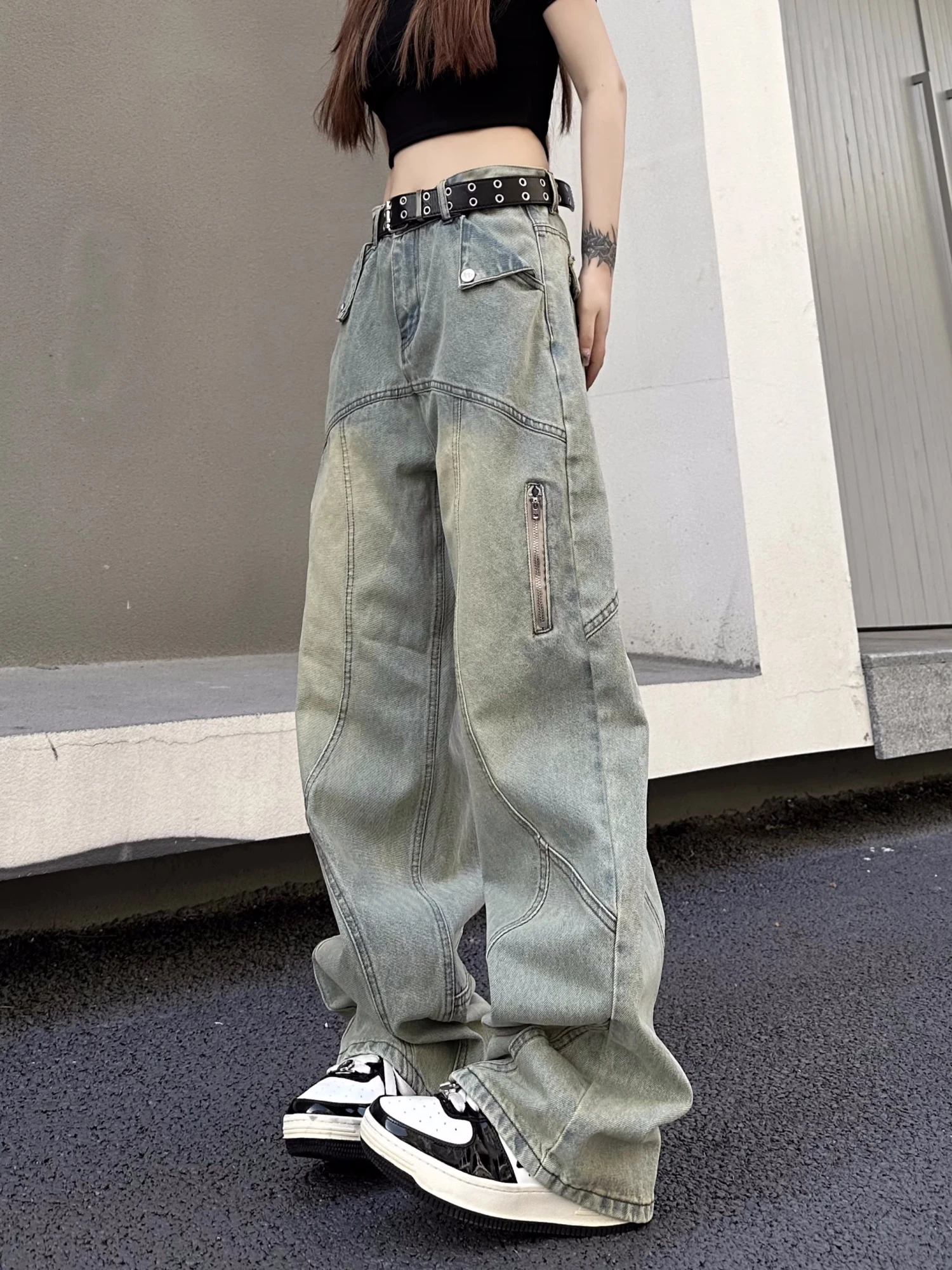 

Waed Yellow Mud American Retro High Street Loose Wide Leg Jeans Women's Faionable Slimming Hip Hop Versatile Denim Pants