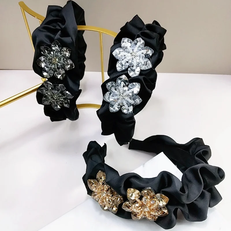 Pleated Satin Crystal Flower Headband Hair Bands for Women Elegant High Skull Hair Hoop Hairbands Wide Edge Hair Accessories