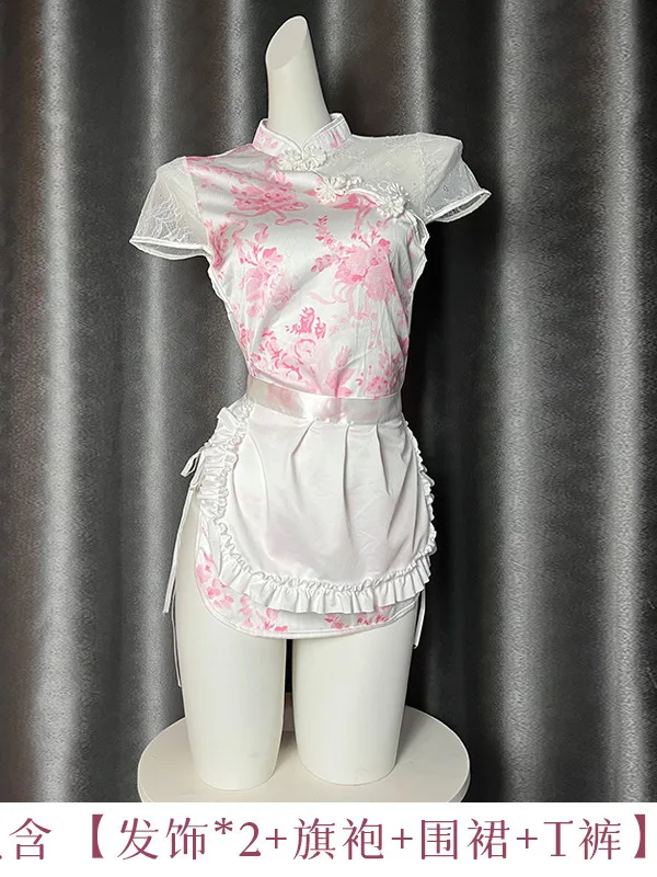 Nuovo pizzo sexy in stile cinese trasparente con lacci e spacco sui glutei esposti, colletto semi aperto, maniche corte, stampa retrò GSGH