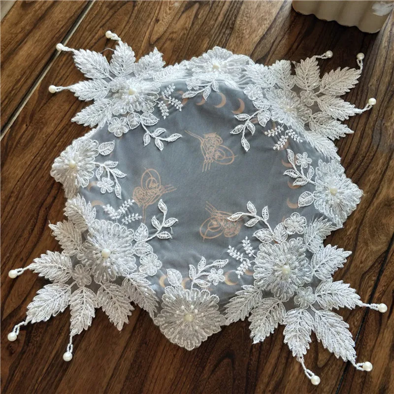 European Lace Embroidered Bead Pendant Tablecloth Balcony Bedroom Small Round Table Piano Cover Cloth Banquet Vase Cup Plate Mat