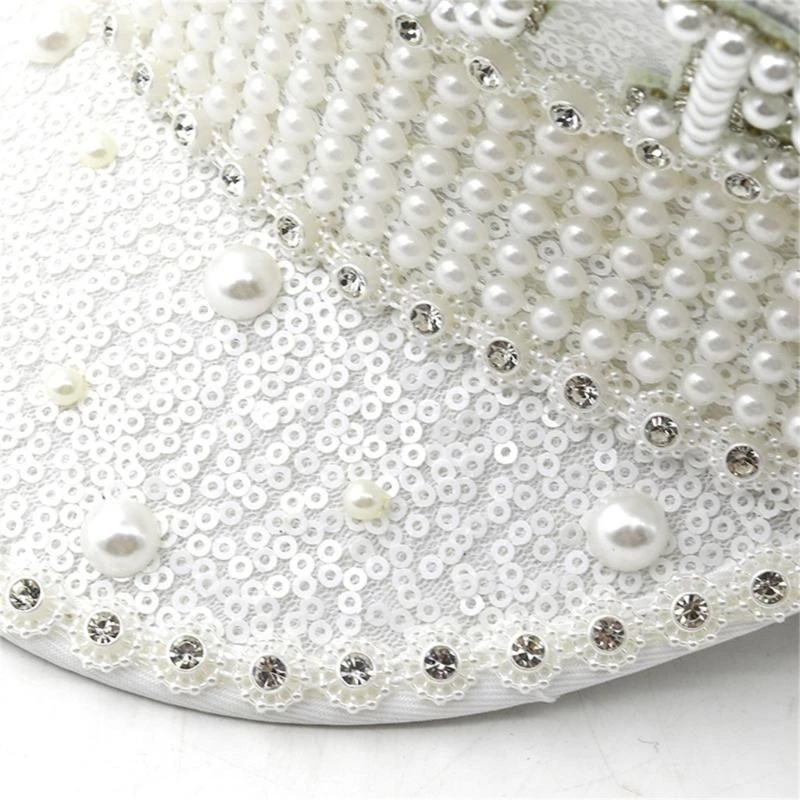 49MF Hat for Bride Shimmering Captain Hat Pearls Sailor Hat for Music Festivals Sparkly Pearls Captain Hat Photo Props