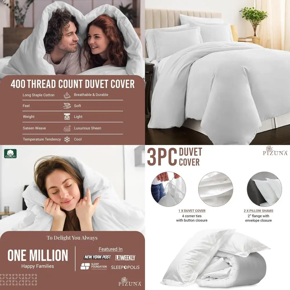 

Pizuna Pure 100% Cotton King Duvet Cover with Shams, Luxurious 400 Thread Count Long Staple Cotton Sateen Weave with Hidden Butt