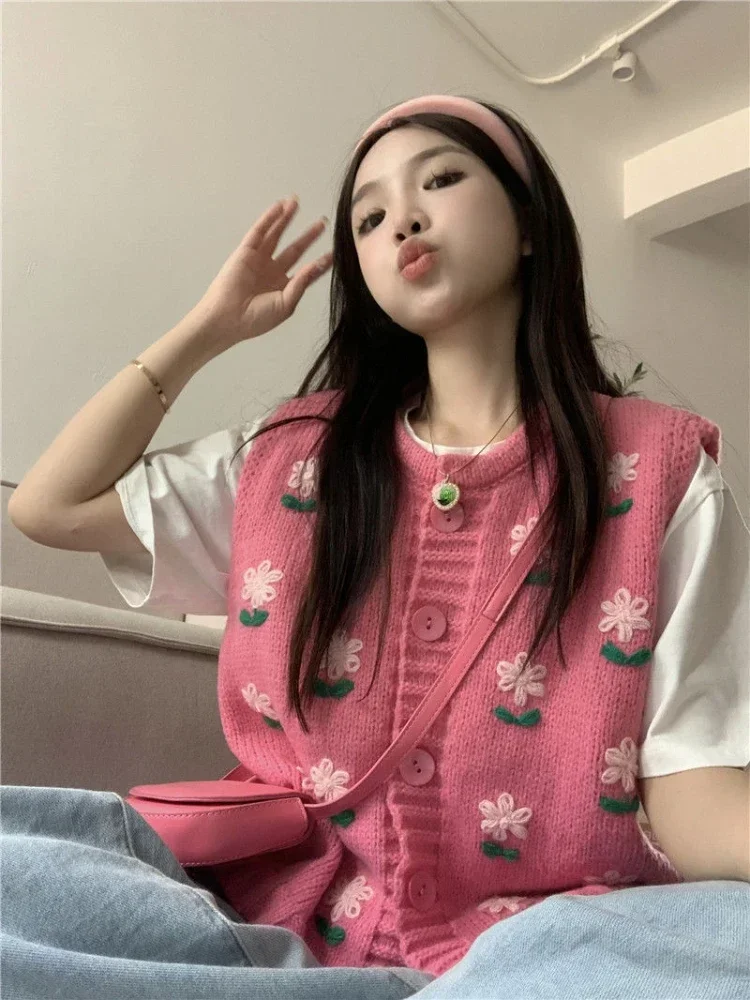 Preppy Style Pink Floral Sweater Vest Women Embroidery Flowers Sleeveless Outwear Cardigan Korean Sweet Thin Knit Crop Top