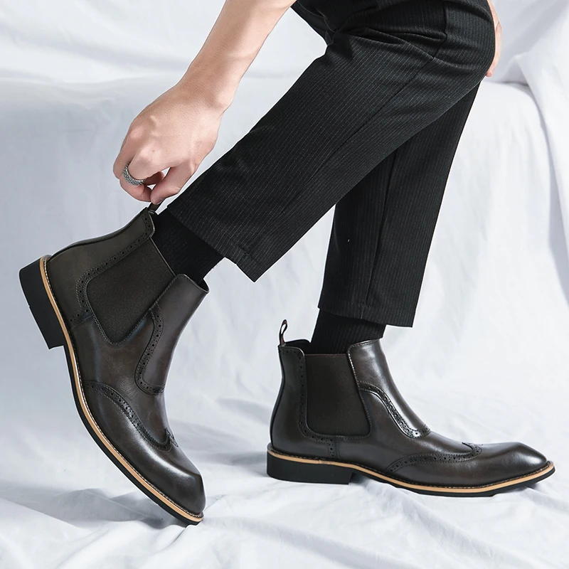 Men Retro Chelsea Boots PU Splicing European Style One Step Business Fashion High Quality Formal Boots Size 38-45 Men Boots