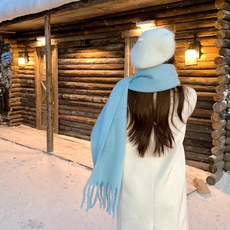 وشاح الشتاء للنساء الكشمير الدافئة الصلبة الوردي الباشمينا بطانية يلتف الإناث سميكة لينة Bufanda كبير شرابة شال طويل Echarpe