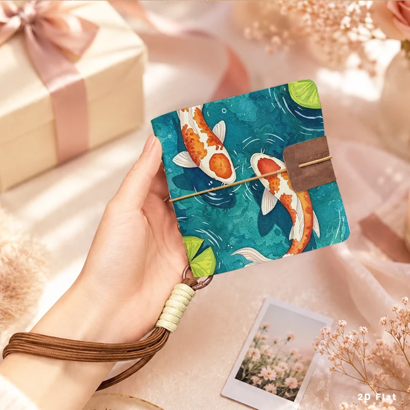 Compact Pocket Square Photo Album for 3 Inch Small Photos, Lucky Koi Carp Lotus Pond Pattern Mini Storage Book with Hand Carry W