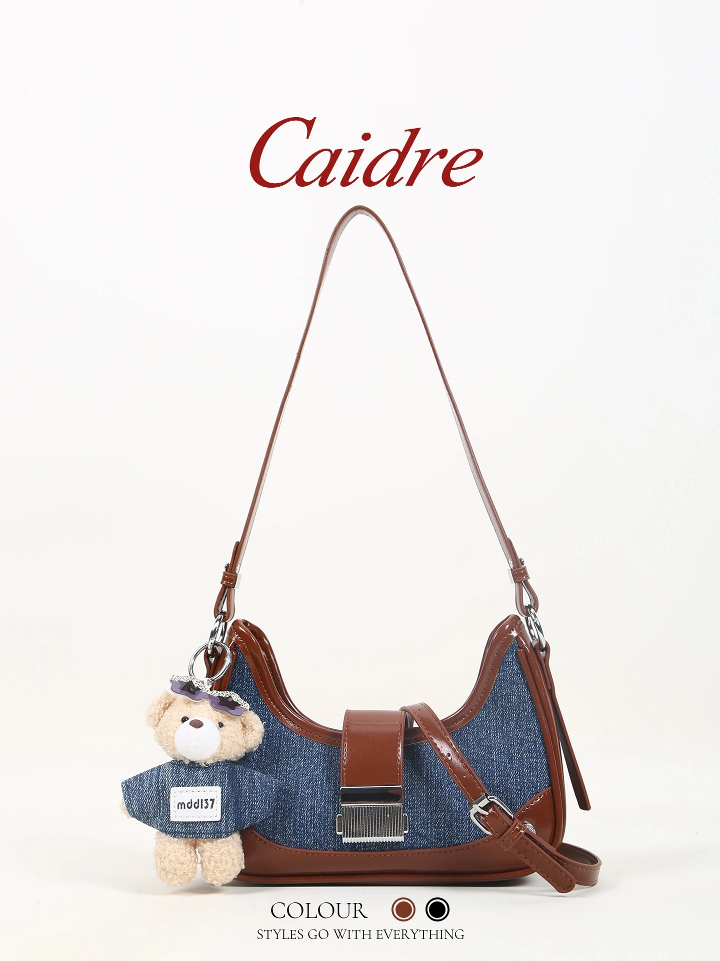 Caidre Cute Little Bear Denim Canvas Bag Women's Commuter Single Shoulder Armpit Bag Diagonal Small Bag Soft Handbag
