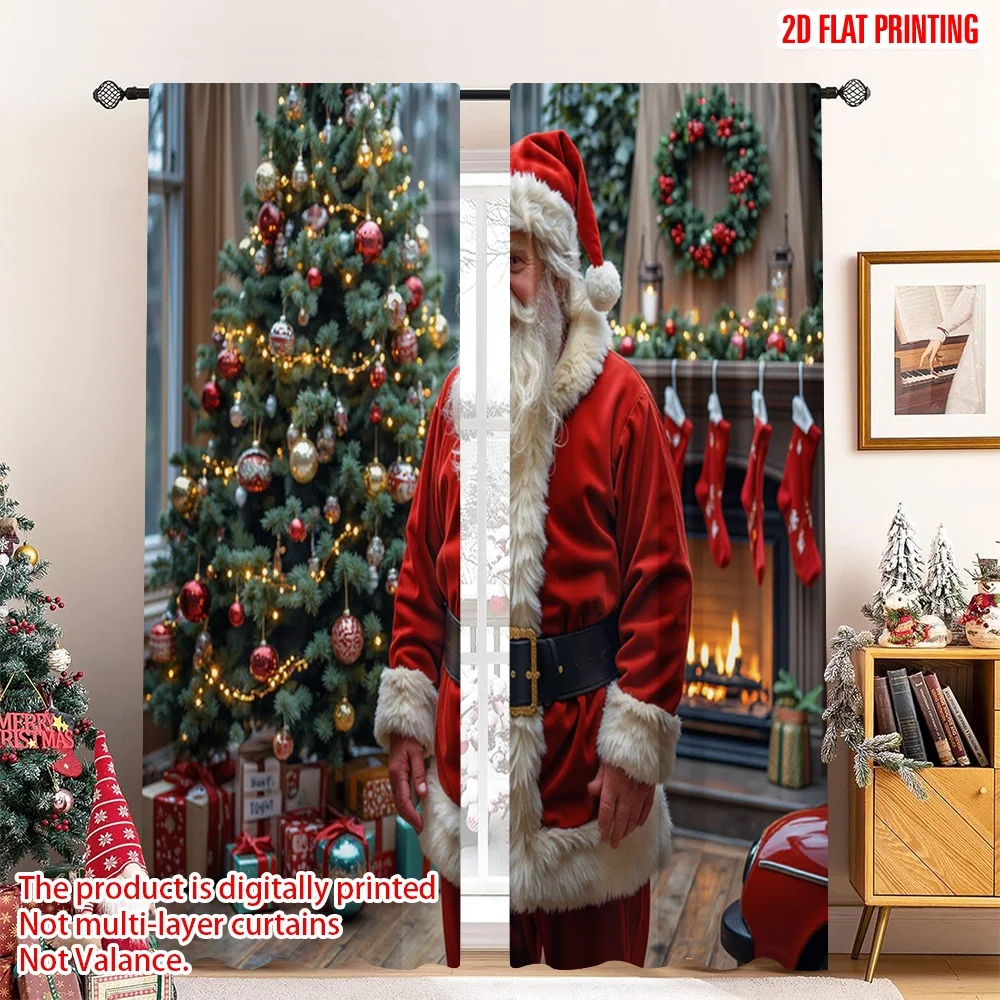 

2pcs 2D flat printing Christmas Curtain Santa Claus Christmas Fireplace Holiday Polyester Fabric Without Electricity Festive