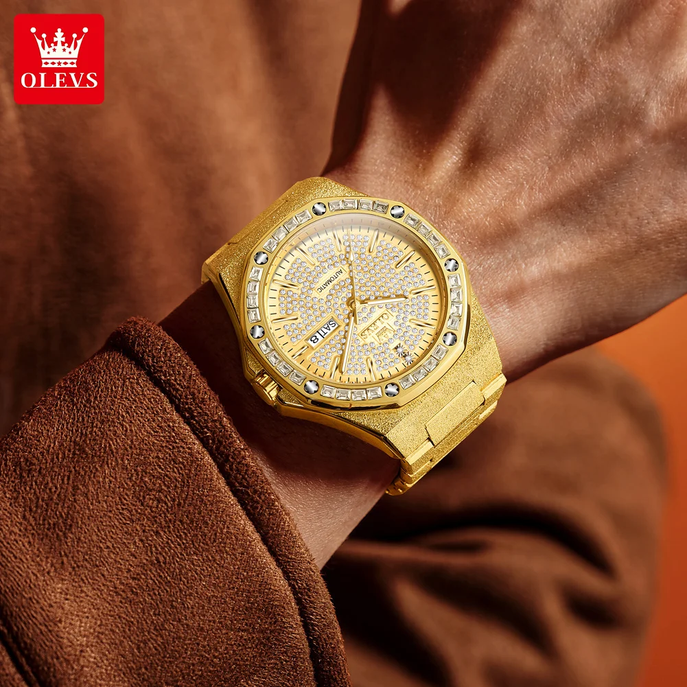 Olevs-男性用自動機械式時計,完全なダイヤモンド,中空フライホイール,カレンダー,週と月の満ち欠け,高級ビジネス時計,9803