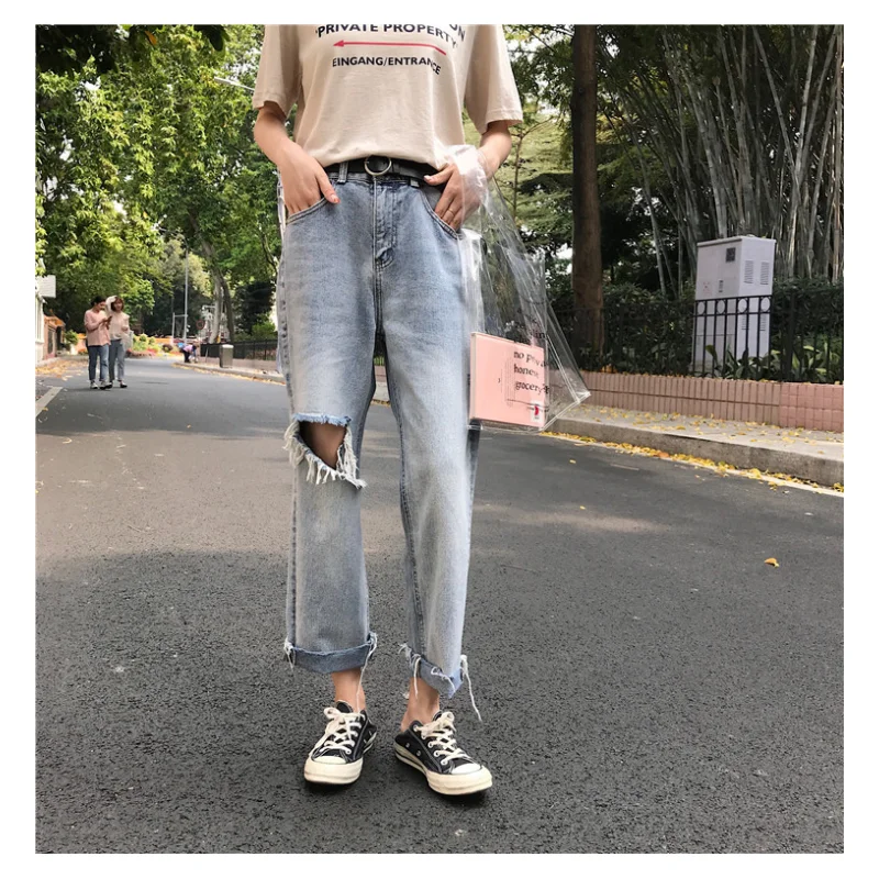 

Women' Bottoms Vintage Blue Hole High Waist Jeans Casual Straight Wide Leg Pants High Street Baggy Mopping Denim Trouser Ladies