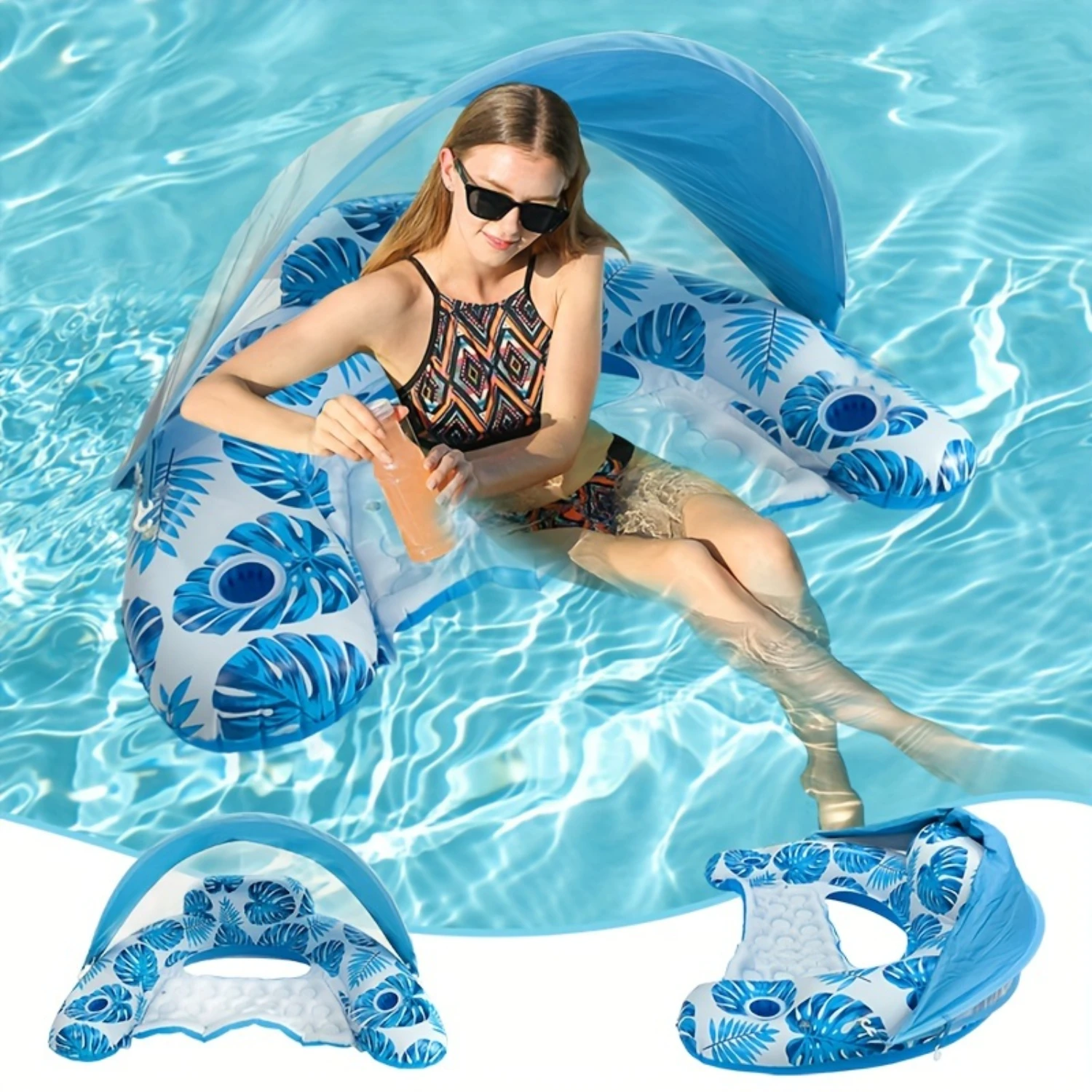 1pc Leaf-Print Paradise Floating Pool Bed - UV-Resistant Sunshade, Foldable Design, Built-in Cup Holder for Ultimate Relaxation