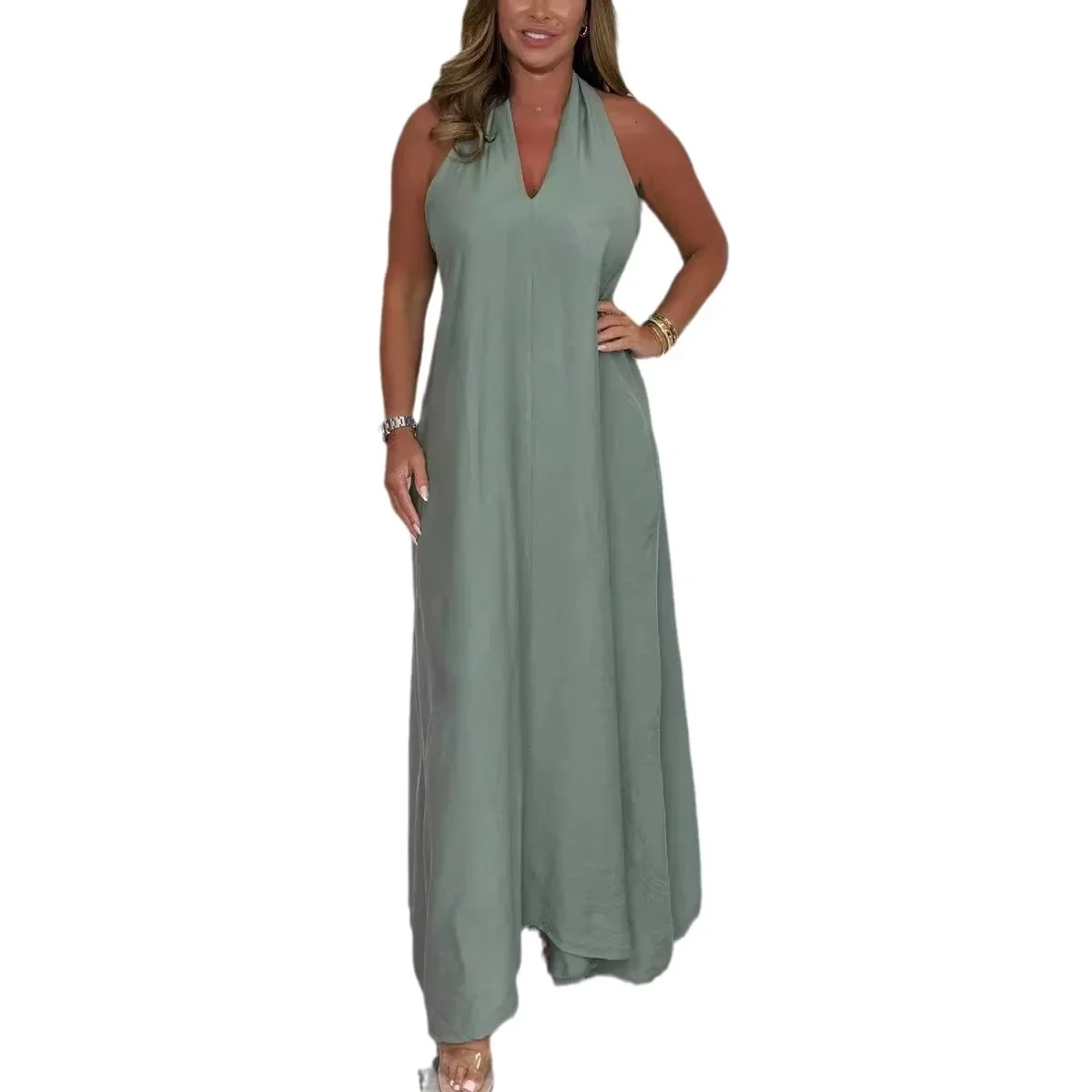 Damska sukienka na wiosnę i lato Spódnica bez rękawów z dekoltem w szpic w jednolitym kolorze Elegancka moda codzienna Wygodna regularna standardowa sukienka