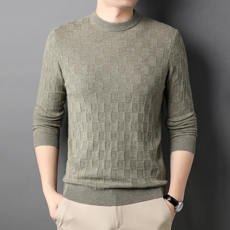 New 100% Wool Spring Autumn Men's Sweaters High Quality Solid Color Computer Knitted Pullover Casual Male Sweaters 4XL