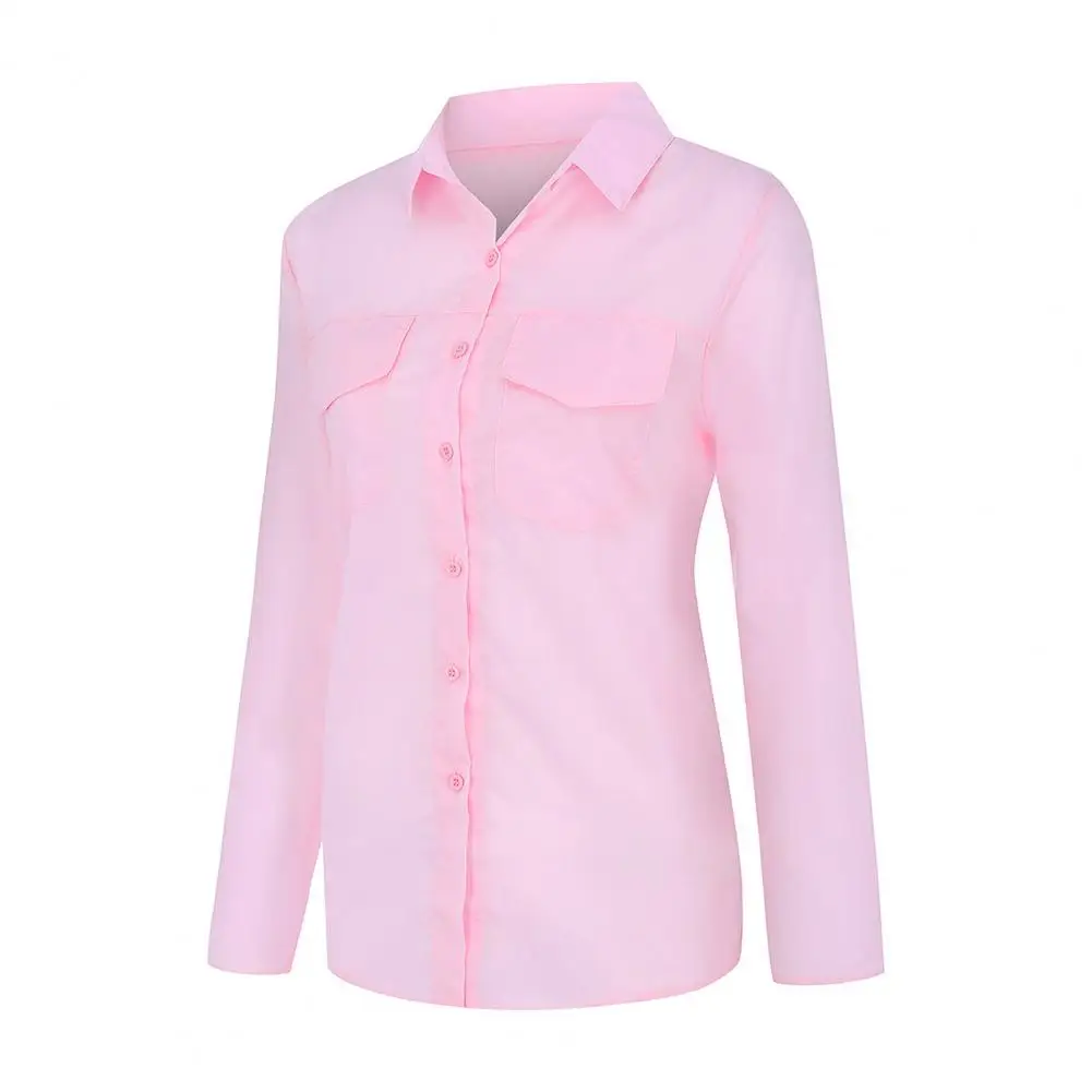 

Женская рубашка, однотонная, с отложным воротником, с длинными рукавами, повседневный топ, на одной пуговице, универсальная блузка на пуговицах