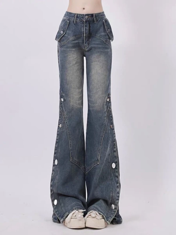

Y2k Streetwear Jeans Solid Color Patchwork Design High Waist Forked Flare Pants American Vintage Oversized 2025 Women's Clothing