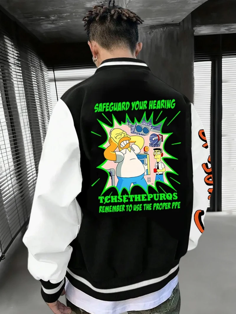 

The Simpsons Men's Baseball Jacket Print Pattern and Text "Safeguard Your Hearing" +TCHSETHEPUROS Retro Baseball Jacket