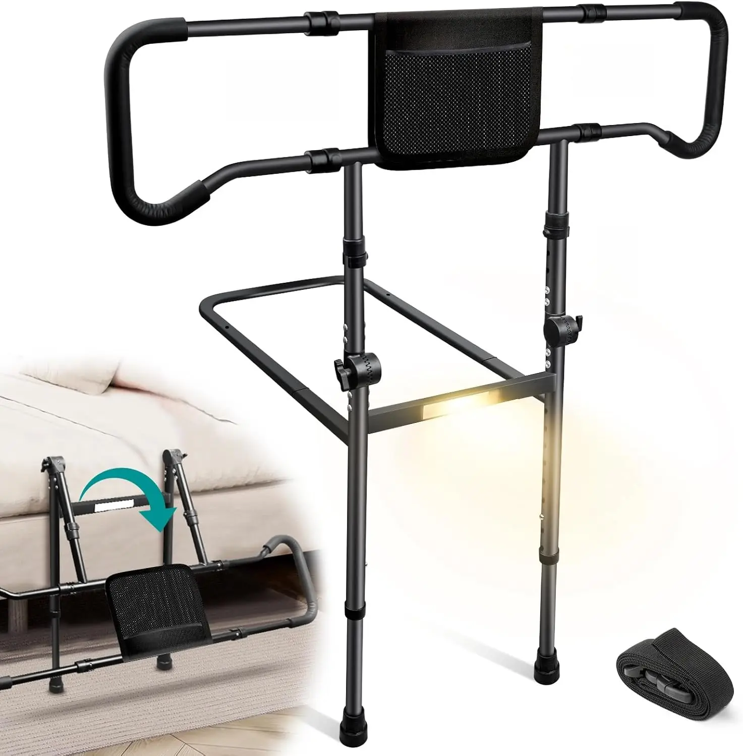 Bed Rails for Elderly Adults Safety Foldable Bed Assist Rails for Seniors Bed Side Grab Bar with Sensor Light Adjustable Bedside