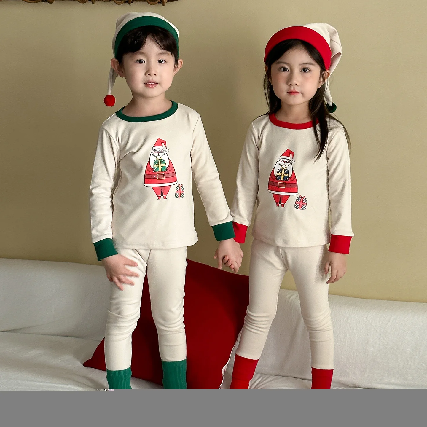 

Children's Pajamas Suit 2025 Autumn Winter New Cashmere Boy Christmas Pajamas Set Girls Underwear Home Suit with Hat