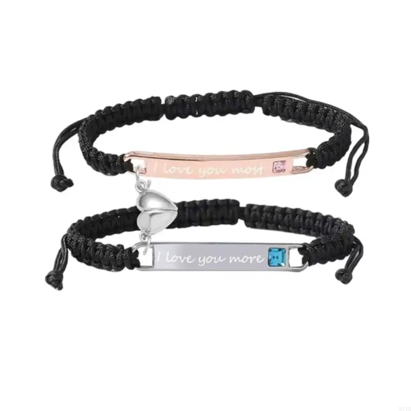 Adjustable Cord Bracelet Set Featuring a Shared Heart Design, Braided Texture, and Smooth Stainless Steel